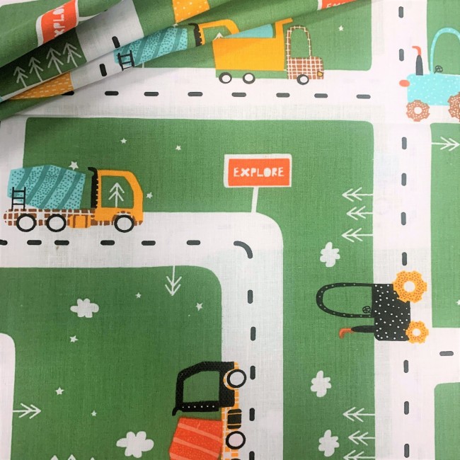 Baumwollstoff - Autos und Straßen auf Grün