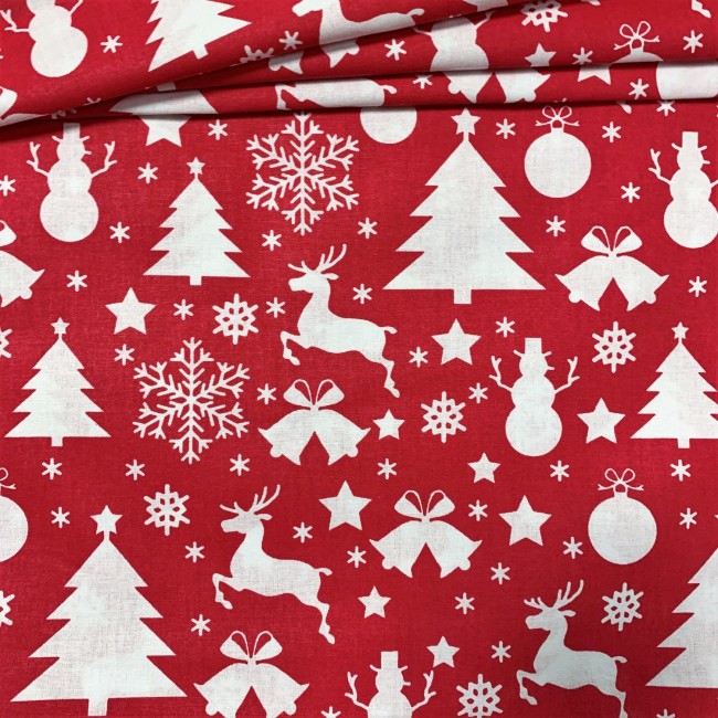 Baumwollstoff - Weihnachtsbaum Rentier Glocke Schneeflöckchen auf rotem