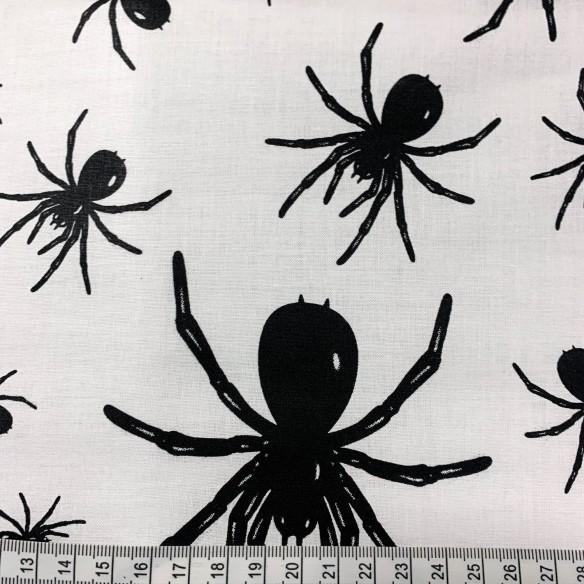 Baumwollstoff - schwarze Spinnen auf weißem Hintergrund