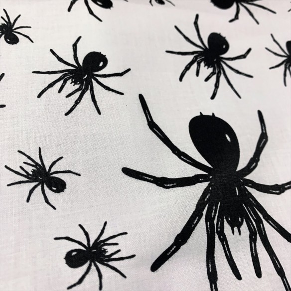 Baumwollstoff - schwarze Spinnen auf weißem Hintergrund