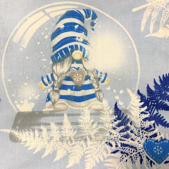Baumwollstoff - Weihnachts-Gnome blau und Schlittschuhe