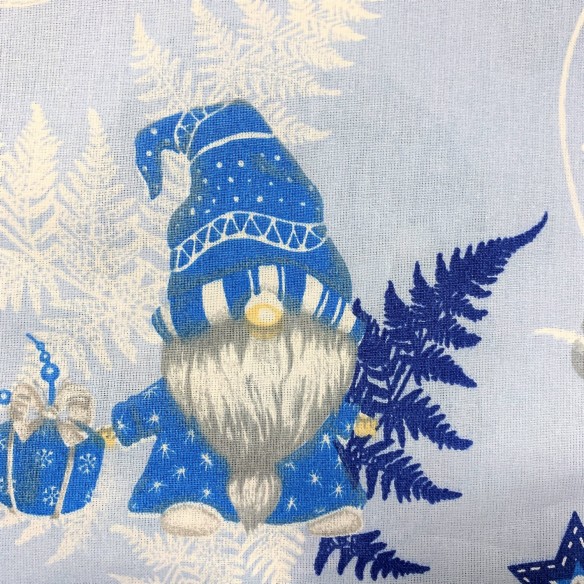 Baumwollstoff - Weihnachts-Gnome blau und Schlittschuhe