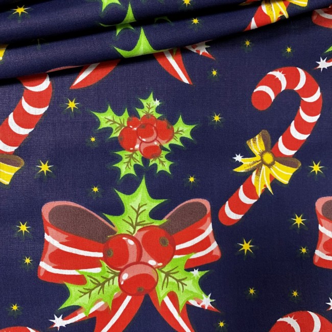 Baumwollstoff - Weihnachtsschleife, marineblau