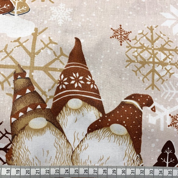 Baumwollstoff - weihnachtlich, Zwerge und Schneeflocken, beige