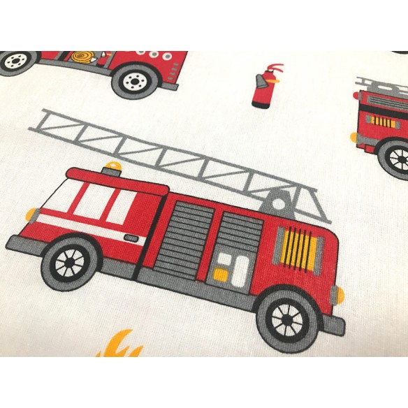 Baumwollstoff - Feuerwehrautos auf weißem Hintergrund