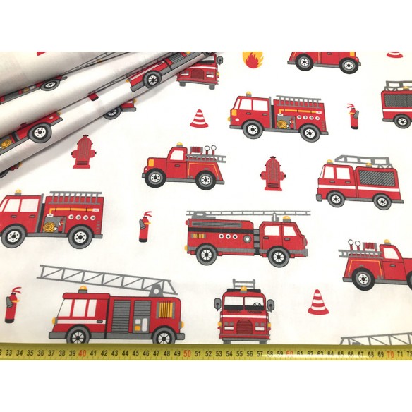 Baumwollstoff - Feuerwehrautos auf weißem Hintergrund