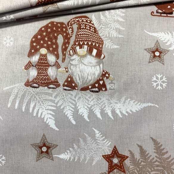 Baumwollstoff - Weihnachts-Gnome beige und Schlittschuhe