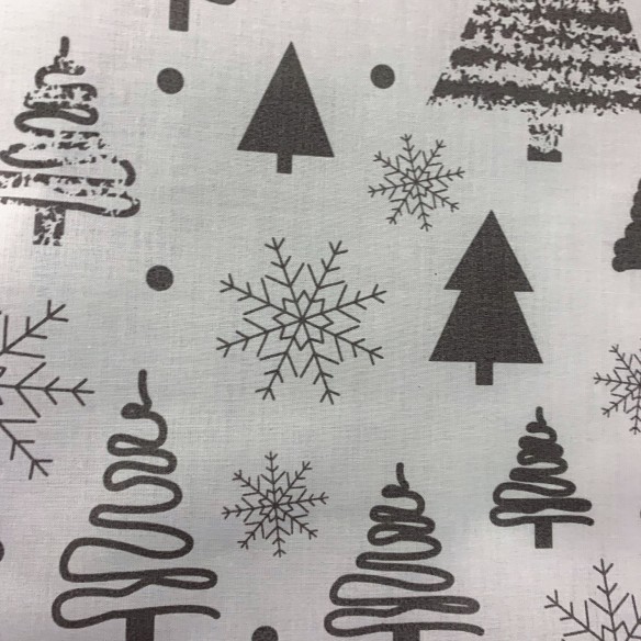Baumwollstoff - weihnachtlich, graue Weihnachtsbäume auf weißem Hintergrund