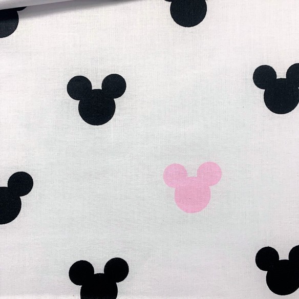 Baumwollstoff - Mickey Mouse, rosa-schwarz auf weißem Hintergrund