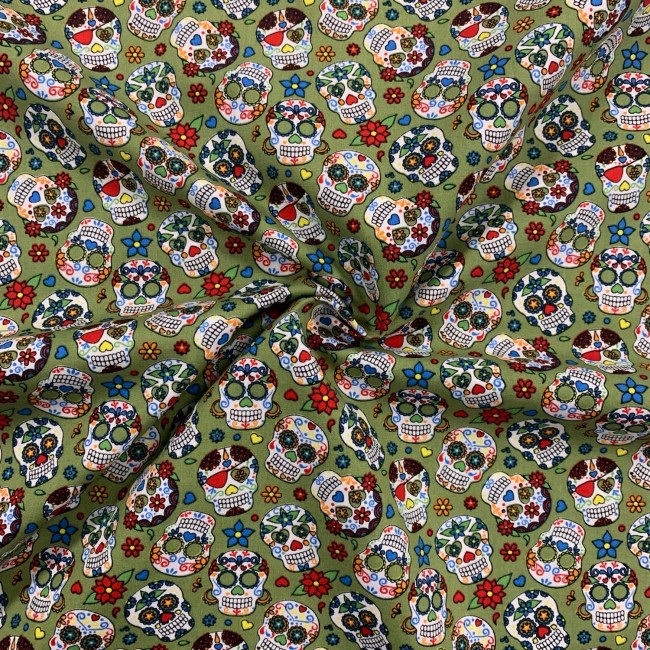 PREMIUM Baumwolle - mexikanische Totenköpfe, khaki