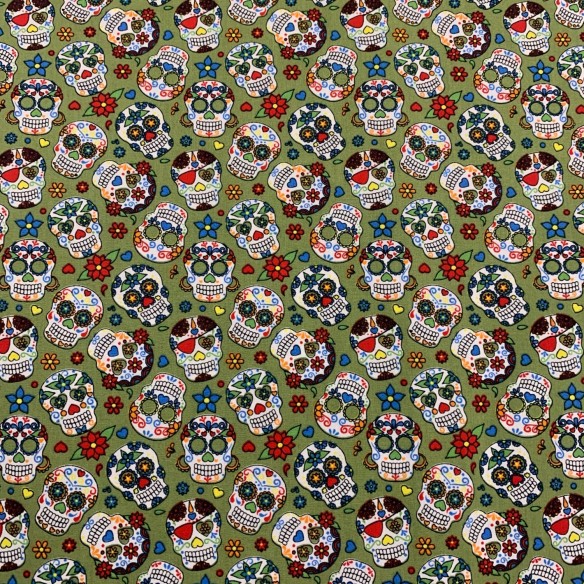 PREMIUM Baumwolle - mexikanische Totenköpfe, khaki