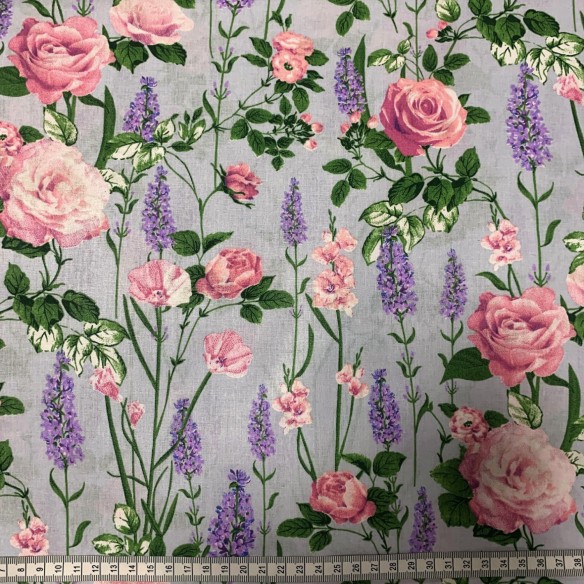 Baumwollstoff - Rosen und Lavendel auf Grau