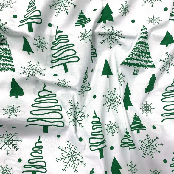 Baumwollstoff - Weihnachtsbäume grün auf weiß