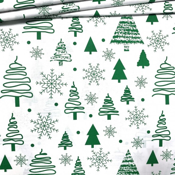 Baumwollstoff - Weihnachtsbäume grün auf weiß