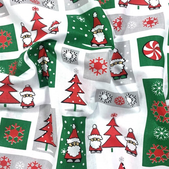 Baumwollstoff - Weihnachts-Patchwork, Weihnachtsmann rot und grün