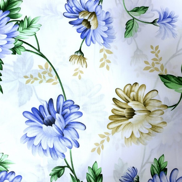 Baumwollstoff 220 cm - Blaue und ecrufarbene Blumen
