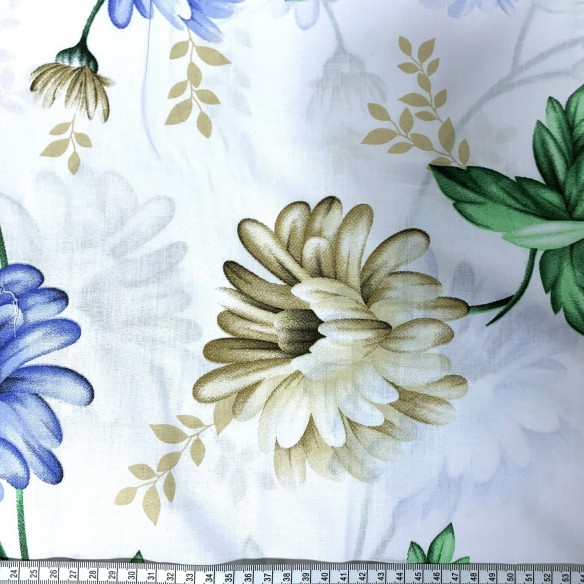 Baumwollstoff 220 cm - Blaue und ecrufarbene Blumen