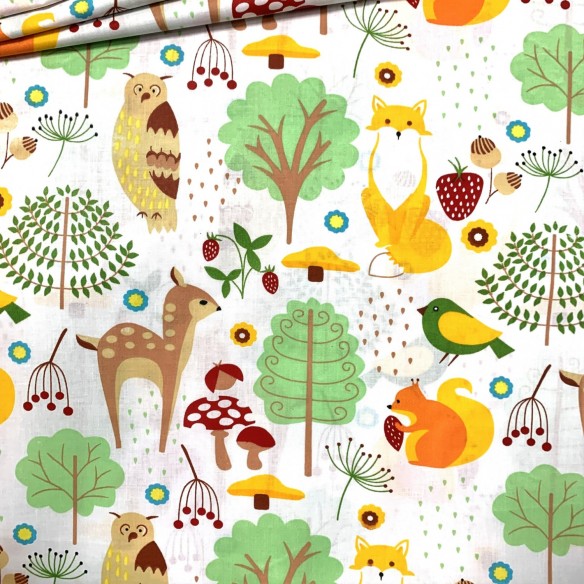 Baumwollstoff - Tiere im Wald, Grün und Gelb