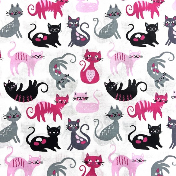 Baumwollstoff - Katzen Pink und Schwarz auf Weiß