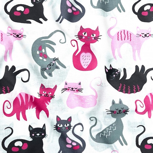 Baumwollstoff - Katzen Pink und Schwarz auf Weiß