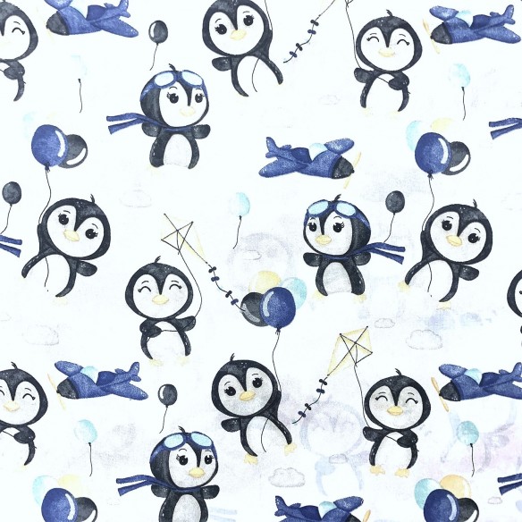 Baumwollstoff - Glücklicher Pinguin, blau