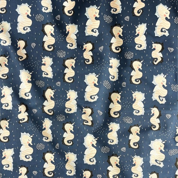 Baumwollstoff - Seepferdchen, marineblau