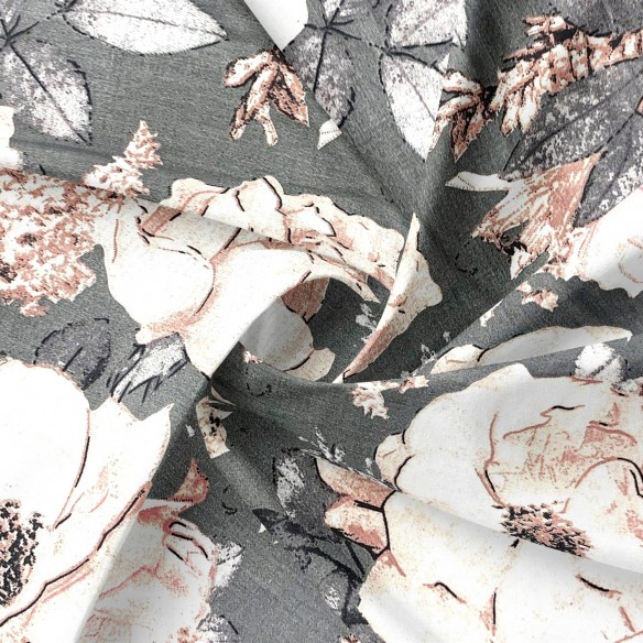 Baumwollstoff 220 cm - Pfingstrosenblüten auf Grau