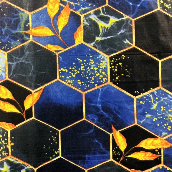Baumwollstoff 220 cm - Hexagon, Blau und Schwarz