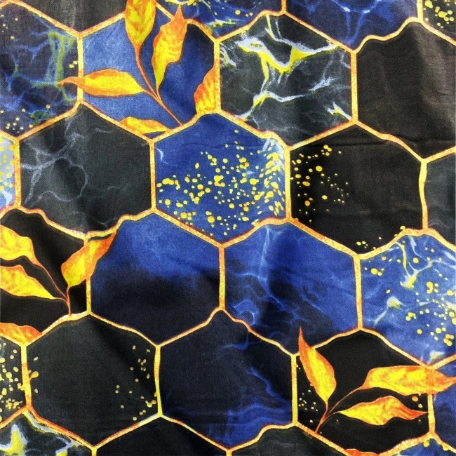 Baumwollstoff 220 cm - Hexagon, Blau und Schwarz