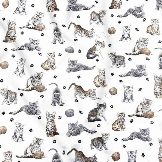 Baumwollstoff - Katzen, Pfötchen und Strickwolle auf weißem Hintergrund