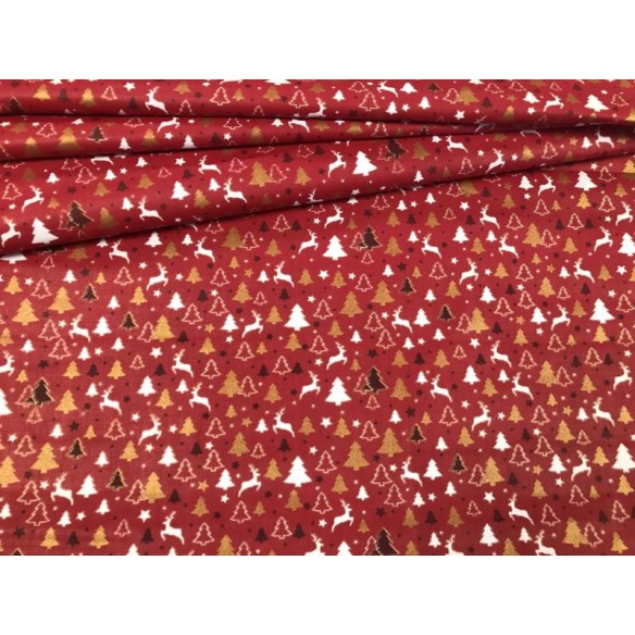 Baumwollstoff - rote Weihnachtsbäume und Rentiere