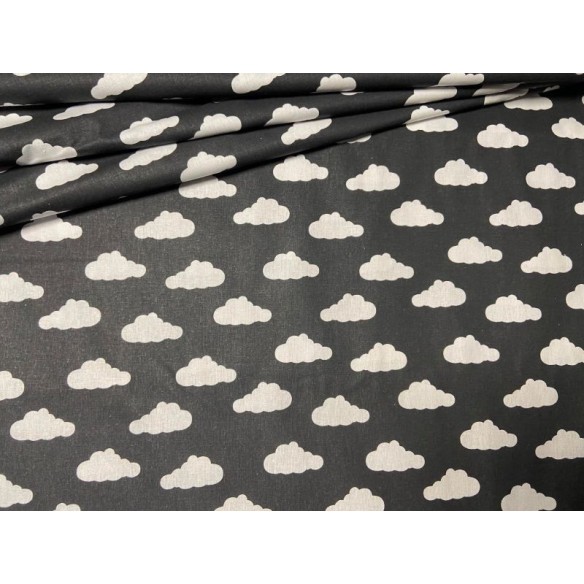 Baumwollstoff - weiße Wolken auf schwarzem Hintergrund
