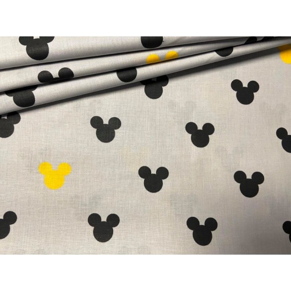 Baumwollstoff - Mickey Mouse, gelb-schwarz auf grauem