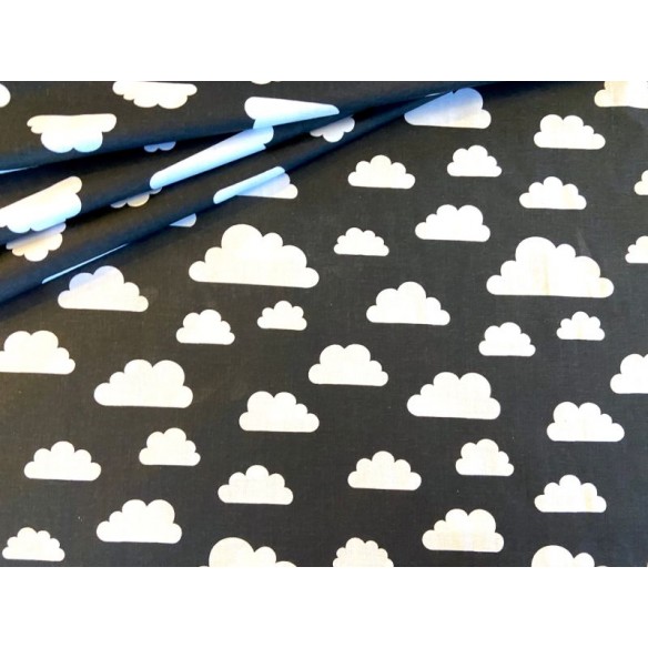 Baumwollstoff - weiße Wolken auf schwarzem Hintergrund