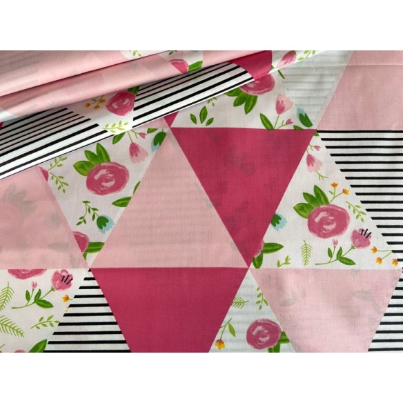 Baumwollstoff - Dreiecke und Blumen, Patchwork, rosa