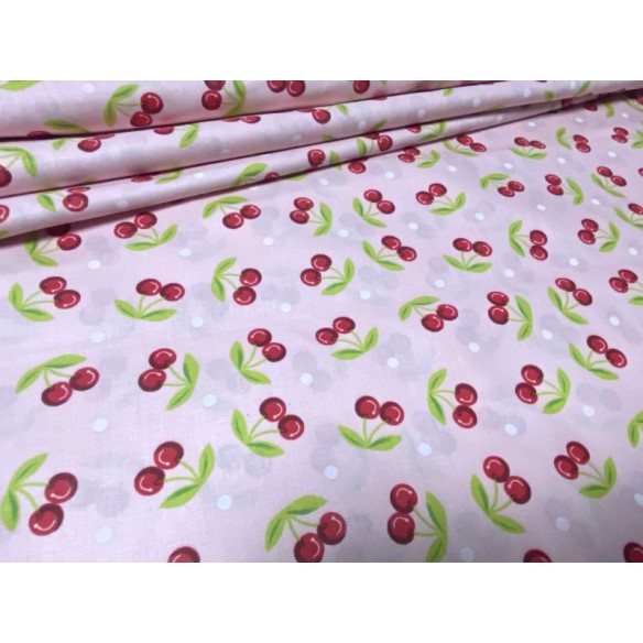 Baumwollstoff - Kirschen auf dem rosa Hintergrund