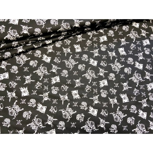 Baumwollstoff - Piraten-Totenköpfe auf schwarzem Hintergrund