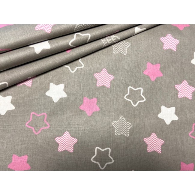 Baumwollstoff - Sterne mit Zickzack, rosa, auf grauem