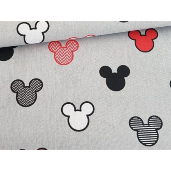 Baumwollstoff - Mickey Mouse, rot auf grauem Hintergrund