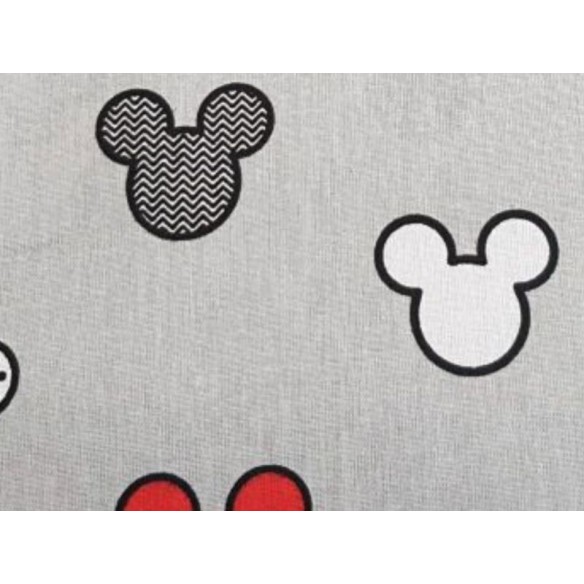 Baumwollstoff - Mickey Mouse, rot auf grauem Hintergrund