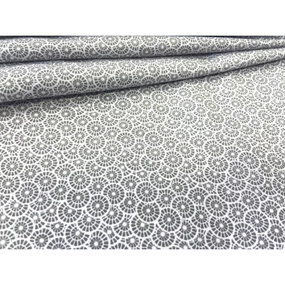 Baumwollstoff - Mini-Rosetten, grau auf weißem Hintergrund