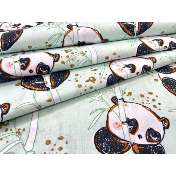 Baumwollstoff - Pandas mit Bambus auf minzgrünem Hintergrund