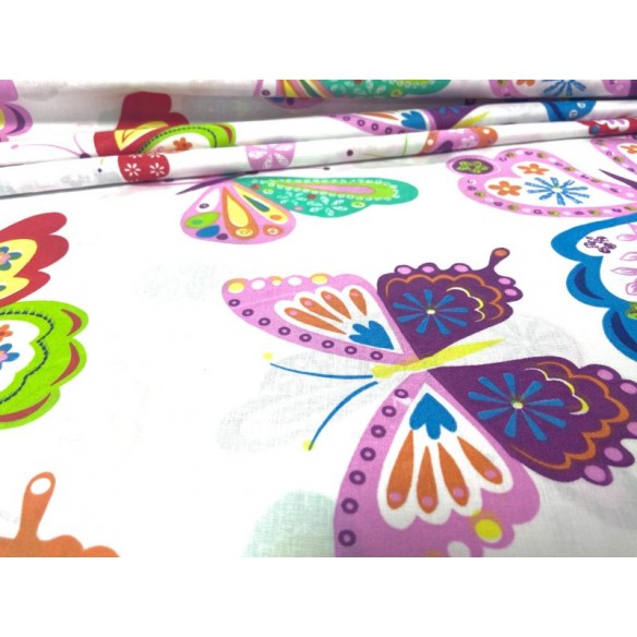 Baumwollstoff - gemalte Schmetterlinge auf weißem Hintergrund