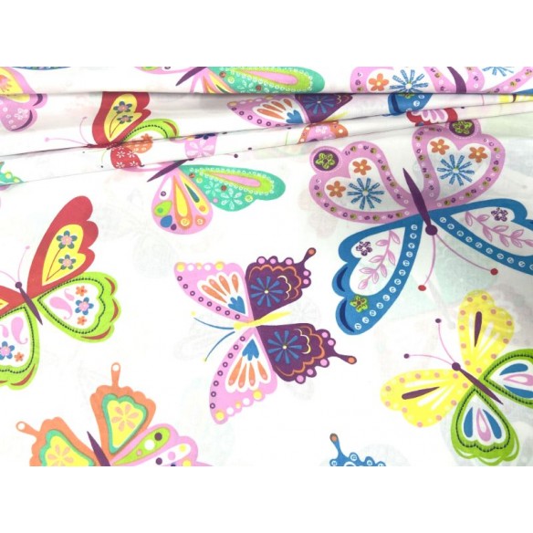 Baumwollstoff - gemalte Schmetterlinge auf weißem Hintergrund