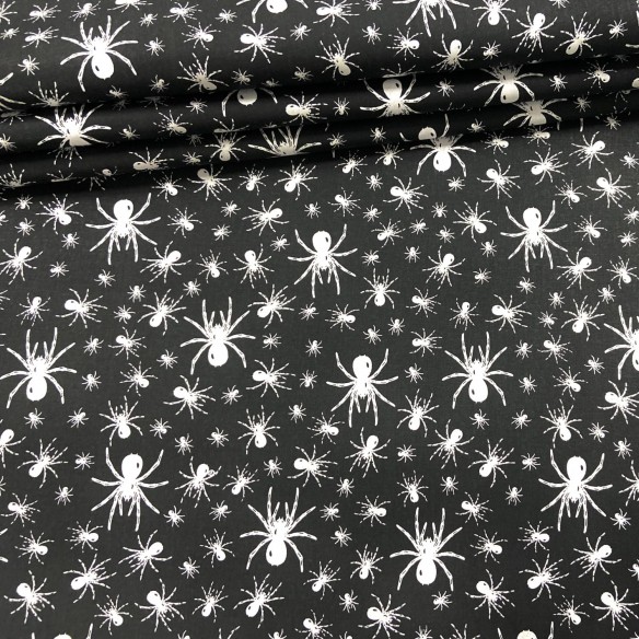 Baumwollstoff - weiße Spinnen auf schwarzem Hintergrund