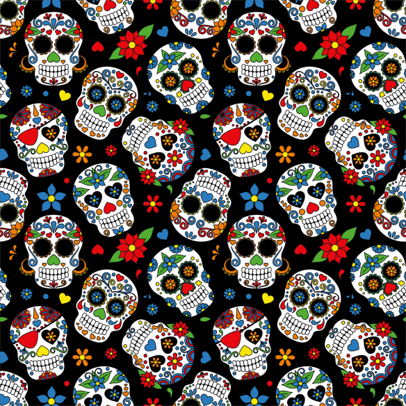 Single Jersey bedruckt - mexikanische Totenköpfe auf schwarzem Hintergrund