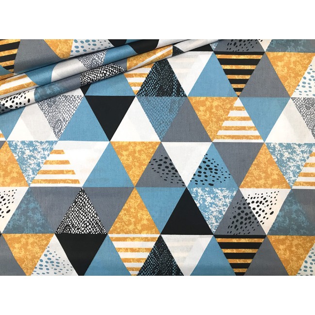 Baumwollstoff - blaue, graue und gelbe Dreiecke