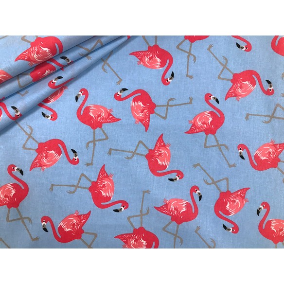 Baumwollstoff - Flamingos auf blauem Hintergrund
