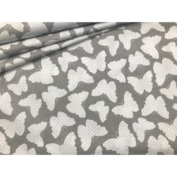 Baumwollstoff - weiße Schmetterlinge auf grauem Hintergrund