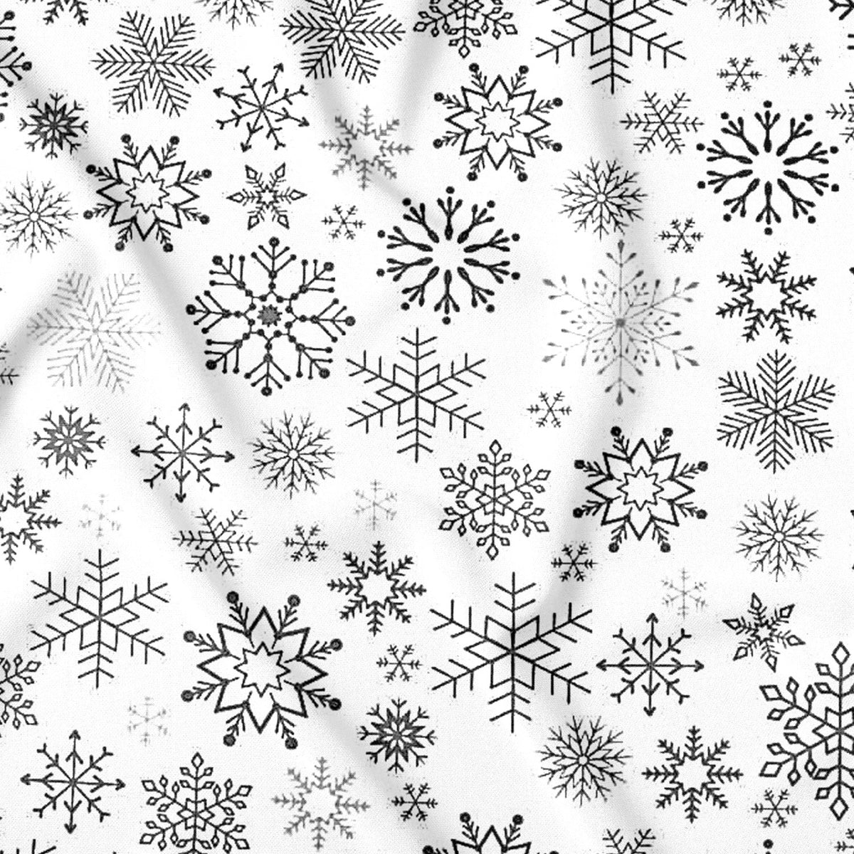 Baumwollstoff - Anthrazitfarbene Schneeflocken auf weißem Hintergrund